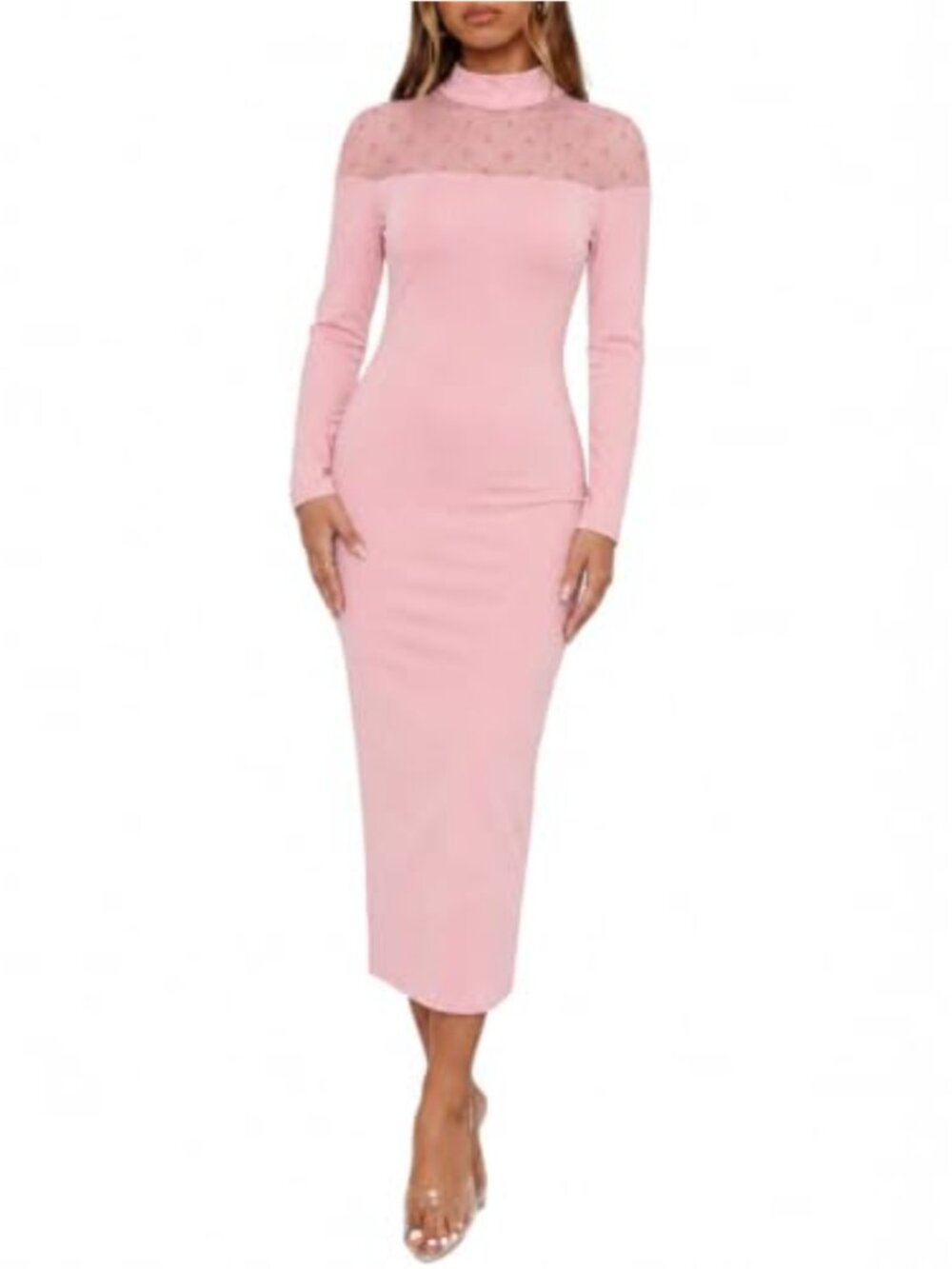 Women's Polka Dot Mesh Mock Neck Long Sleeve Midi Dress Bodycon